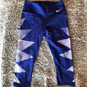 blue/purple geometric nike dri fit capri leggings